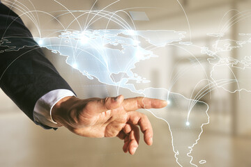 Poster - Double exposure of man hand working with abstract digital world map hologram with connections on blurred office background, big data and blockchain concept