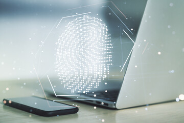 Aufkleber - Abstract creative fingerprint concept on modern laptop background. Multiexposure