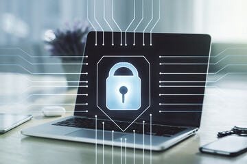 Poster - Creative light lock illustration with microcircuit on modern computer background, cyber security concept. Multiexposure