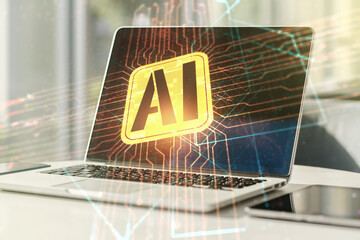 Aufkleber - Double exposure of creative artificial Intelligence icon with modern laptop on background. Neural networks and machine learning concept
