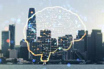 Poster - Virtual creative artificial Intelligence hologram with human brain sketch on San Francisco skyline background. Multiexposure