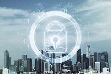 Aufkleber - Double exposure of virtual creative lock hologram with chip on Los Angeles city skyscrapers background. Information security concept