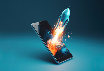 Rocket coming out of a mobile phone ,blue background. Generative AI