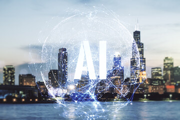Poster - Creative artificial Intelligence symbol hologram on Chicago cityscape background. Double exposure