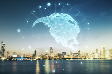 double exposure of graphic america map hologram on chicago office buildings background, big data and