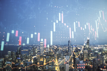 Poster - Multi exposure of virtual creative financial graph and world map on Chicago city skyline background, forex and investment concept