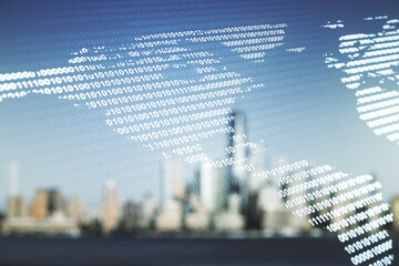 Poster - Double exposure of graphic America map hologram on blurry office buildings background, big data and digital technology concept