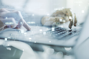 Poster - Multi exposure of abstract creative financial graph with world map and hand typing on laptop on background, forex and investment concept