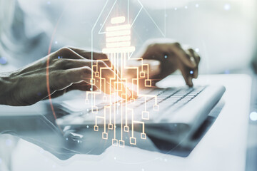 Poster - Creative idea concept with light bulb and microcircuit illustration and hands typing on laptop on background. Neural networks and machine learning concept. Multiexposure