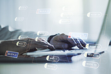 Aufkleber - Multi exposure of abstract graphic coding sketch with hands typing on computer keyboard on background, big data and networking concept