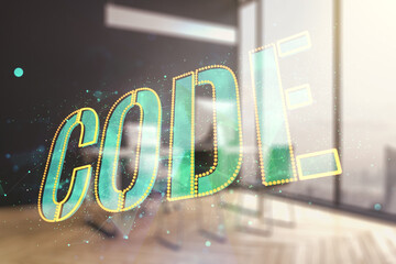 Poster - Creative Code word hologram and modern desktop with laptop on background, artificial intelligence and neural networks concept. Multiexposure