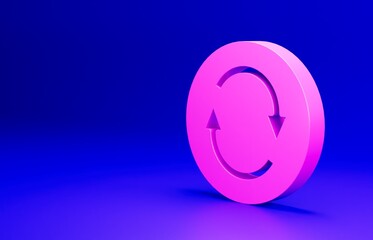 Sticker - Pink Recycle symbol icon isolated on blue background. Circular arrow icon. Environment recyclable go green. Minimalism concept. 3D render illustration