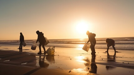 cleaning plastic on the beach.