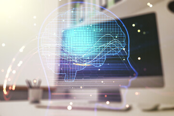 Poster - Double exposure of creative human head microcircuit and modern desk with computer on background. Future technology and AI concept