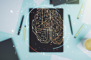 Poster - creative artificial intelligence concept with human brain sketch and modern digital tablet on deskto