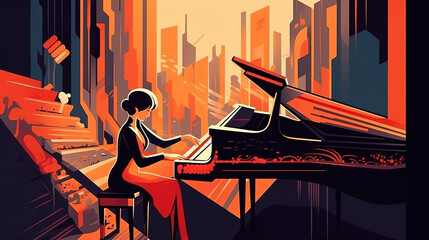 Wall Mural - a woman is playing piano, modern beautiful cartoon artwork, generative ai technology