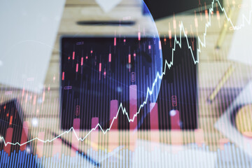 Aufkleber - Abstract creative financial graph with world map and modern digital tablet on background, top view, forex and investment concept. Multiexposure