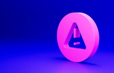 Poster - Pink Exclamation mark in triangle icon isolated on blue background. Hazard warning sign, careful, attention, danger warning important. Minimalism concept. 3D render illustration