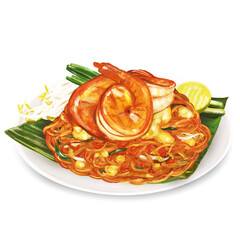 Wall Mural - Pad Thai, Phad Thai, Fried noodle Thai style with prawns, Thai Food, drawing png file.
