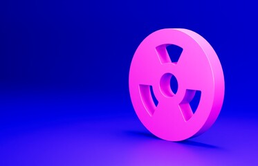 Pink Radioactive icon isolated on blue background. Radioactive toxic symbol. Radiation Hazard sign. Minimalism concept. 3D render illustration