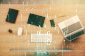 Poster - Creative abstract binary code hologram on modern computer background, AI and machine learning concept. Multiexposure