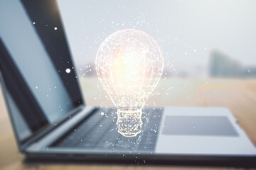 Aufkleber - Double exposure of creative light bulb hologram on laptop background, research and development concept