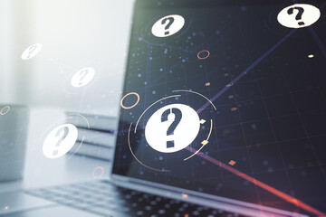Aufkleber - Creative concept of question mark illustration on modern laptop background. FAQ and search concept. Multiexposure