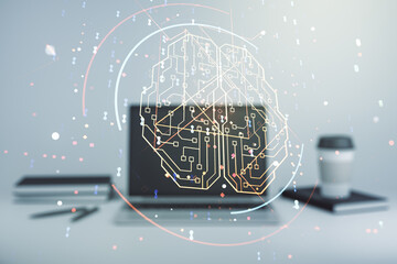 Aufkleber - Double exposure of creative artificial Intelligence symbol with modern laptop on background. Neural networks and machine learning concept