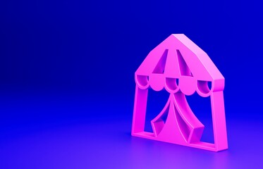 Poster - Pink Circus tent icon isolated on blue background. Carnival camping tent. Amusement park. Minimalism concept. 3D render illustration