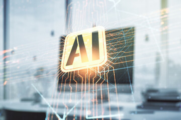 Aufkleber - Double exposure of creative artificial Intelligence icon with modern laptop on background. Neural networks and machine learning concept