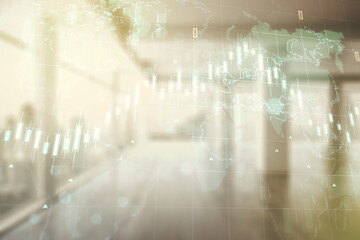 Poster - Double exposure of abstract creative financial diagram and world map on empty room interior background, banking and accounting concept