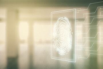 Aufkleber - Double exposure of virtual creative fingerprint hologram on empty room interior background, protection of personal information concept