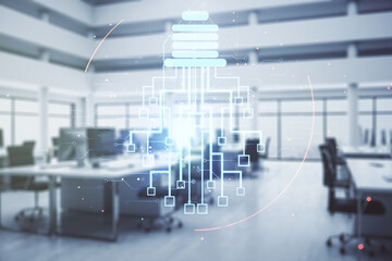 Poster - Virtual creative light bulb with chip hologram on a modern furnished office interior background, artificial Intelligence and neural networks concept. Multiexposure