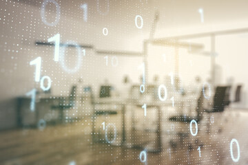 Aufkleber - Abstract virtual binary code sketch on a modern furnished office interior background, hacking and matrix concept. Multiexposure