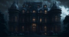 Photo Of A Mysterious Mansion With Numerous Windows, Exuding An Eerie Vibe