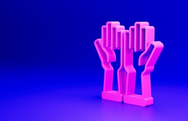 Sticker - Pink Rubber gloves icon isolated on blue background. Latex hand protection sign. Housework cleaning equipment symbol. Minimalism concept. 3D render illustration