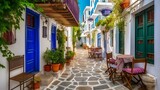 Fototapeta Uliczki - Traditional narrow streets with cute cafe bars in Greece. Skopelos island, Sporades