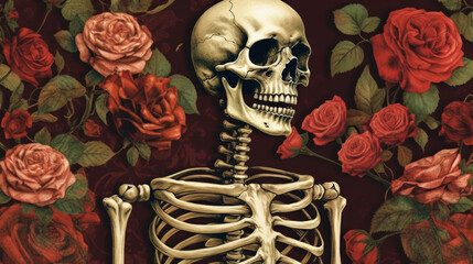 Wall Mural - skull and crossbones, a skeleton with red roses and graphic art in retro, generative ai