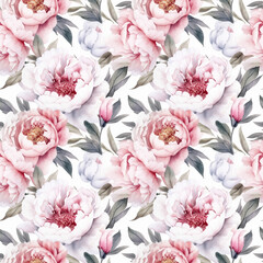 Wall Mural - Seamless pattern with many peonies on white background in watercolor style. Generative AI.