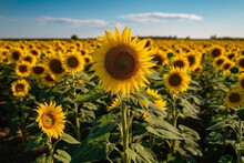 A Breathtaking Image Of A Sunflower Field With Tall Stalks And Bright Yellow Blooms Against A Clear Blue Sky, Representing The Beauty And Power Of Nature. Ai Generated.