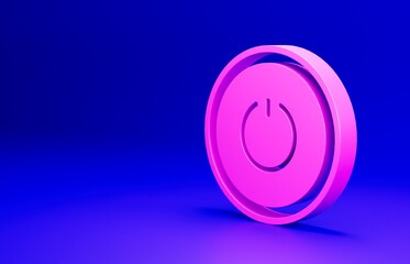 Wall Mural - Pink Power button icon isolated on blue background. Start sign. Minimalism concept. 3D render illustration