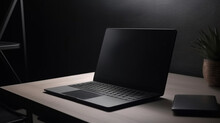 Black Laptop On Desk In Office, Black Screen Laptop Mockup, Generative Ai