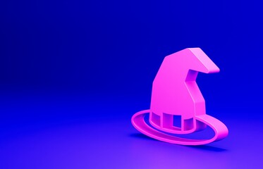 Wall Mural - Pink Witch hat icon isolated on blue background. Happy Halloween party. Minimalism concept. 3D render illustration