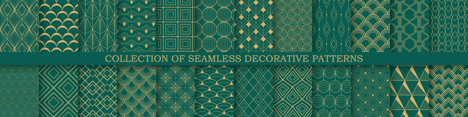 Collection of art deco seamless ornamental geometric patterns - rich design. Repeatable oriental luxury backgrounds. Decorative elegant prints