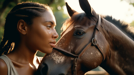 Wall Mural - Girl with horse portrait, portrait of girl model with sunshine, generative ai