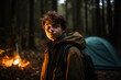 © wetzkaz - young teenager boy is bored or sad or scared, camping in forest. Generative AI