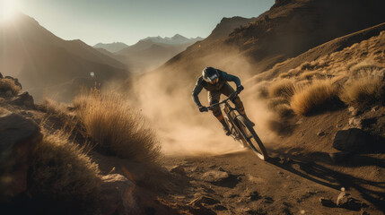 Wall Mural - mountain bike in the mountains, capturing a cyclist speeding on edge of mountain with dust around, generative ai