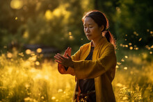 Female Qi Gong Master Practising In A Meadow, Bright Vibrant Lighting. Generative AI