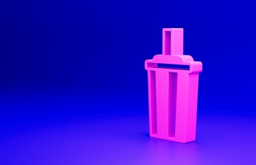 Poster - Pink Paper glass with drinking straw and water icon isolated on blue background. Soda drink glass. Fresh cold beverage symbol. Minimalism concept. 3D render illustration