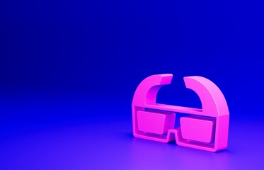 Poster - Pink 3D cinema glasses icon isolated on blue background. Minimalism concept. 3D render illustration